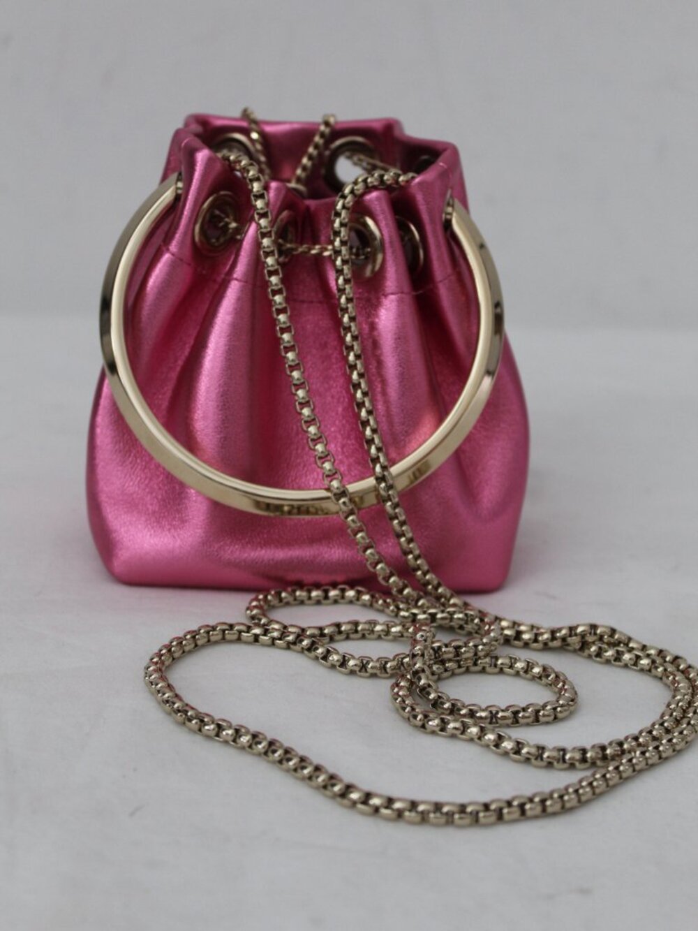 Jimmy Choo Bon Bon Bucket Metallic Leather Drawstring Top Handle Crossbody Bag